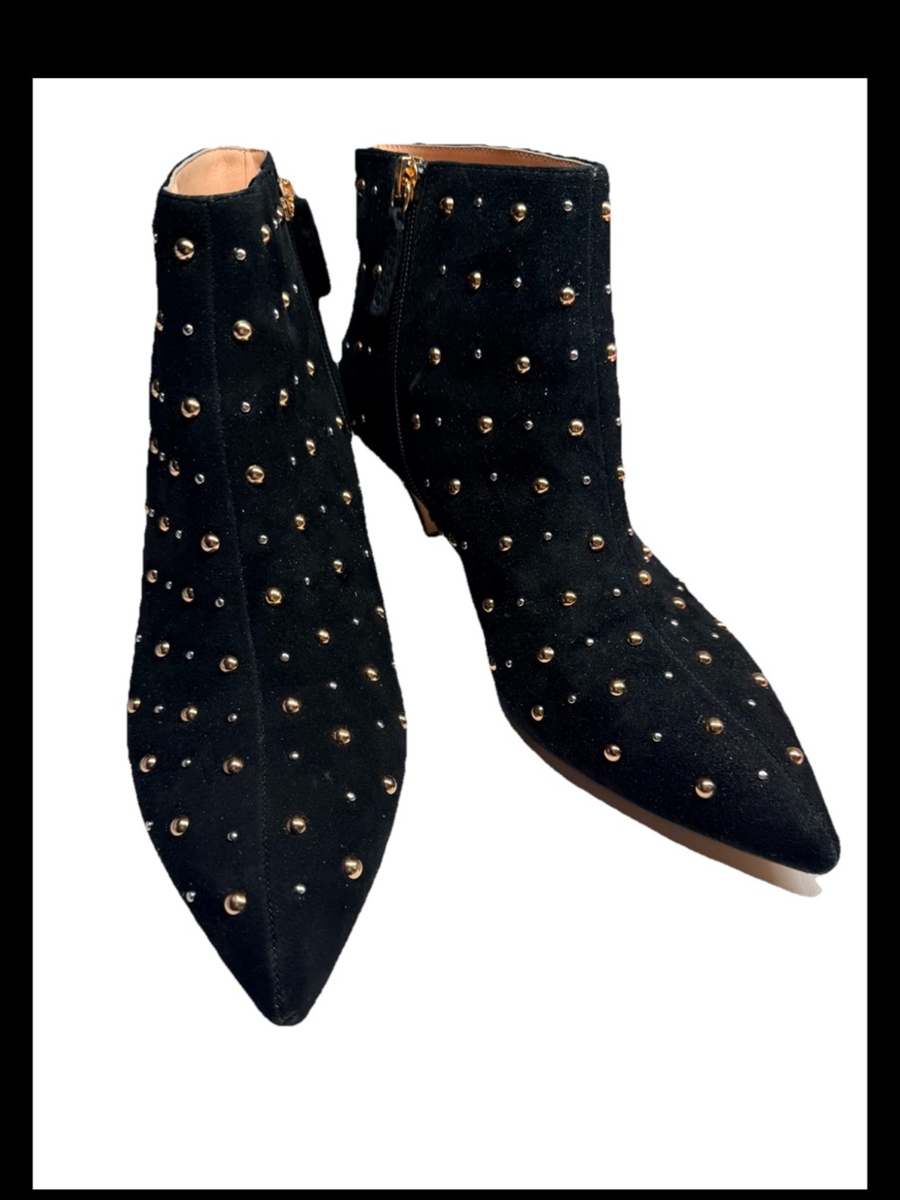 KATE SPADE Black Suede Gold Studded Kitten Heel Pointed Toe Ankle Boot Sz 9.5